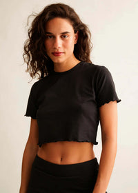 Rachel Baby Tee — Black crop top on model — MYFASHIONFRUIT