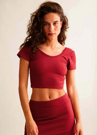 Ballerina Crop Top — Red, scoop neck top on model — MYFASHIONFRUIT