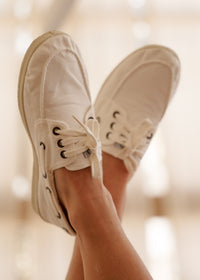 Alheli Boat Shoes — White canvas shoes on model — MYFASHIONFRUIT