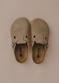 Bilbao Suede Clogs — Beige suede clogs, top view — MYFASHIONFRUIT