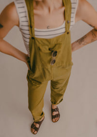 Palma Suede Sandals — Olive green corduroy overalls and brown sandals on model — MYFASHIONFRUIT