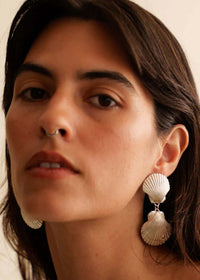Amphitrite Earrings — Silver shell earrings on model — MYFASHIONFRUIT