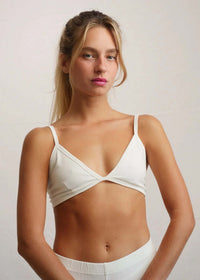 Woman wearing a white cotton Fierce Bralette with triangle cups — MYFASHIONFRUIT