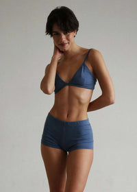 Woman wearing blue denim Fierce Shorties and matching top — MYFASHIONFRUIT