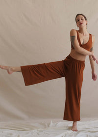 Woman wearing the Tender Pants in brown, wide leg, high waist — MYFASHIONFRUIT