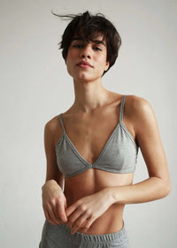 Woman wearing a grey cotton-blend Fierce Bralette with thin straps — MYFASHIONFRUIT