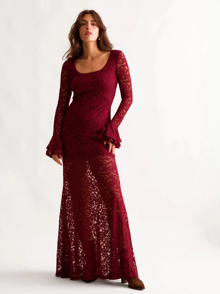 Ramona Dress — red lace maxi dress on model — MYFASHIONFRUIT