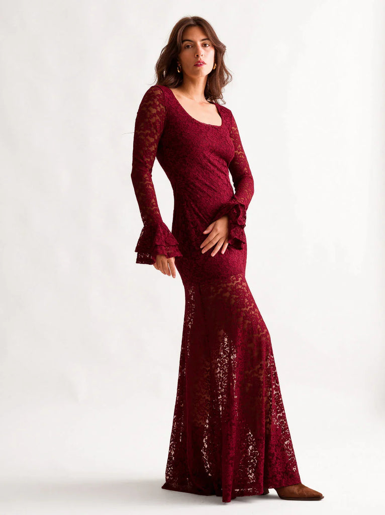 Ramona Dress — Red lace maxi, bell sleeves on model — MYFASHIONFRUIT
