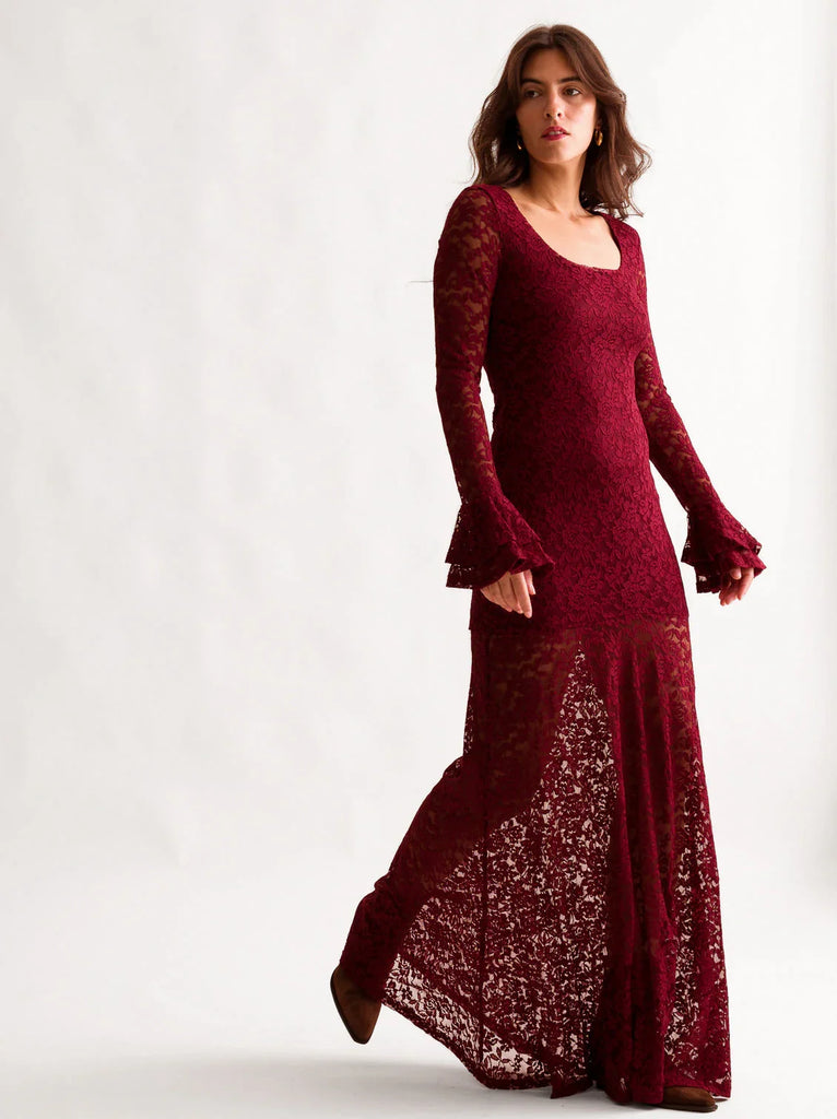Ramona Dress — Burgundy lace dress on model — MYFASHIONFRUIT