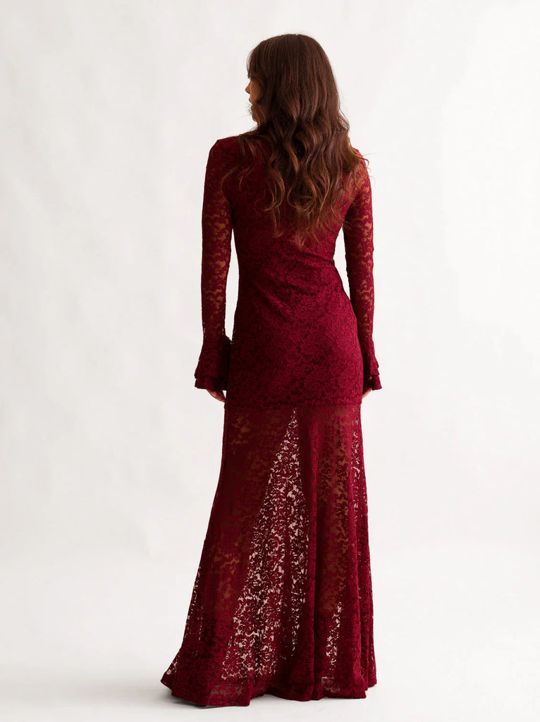 Ramona Dress — Back view of red lace dress on model — MYFASHIONFRUIT