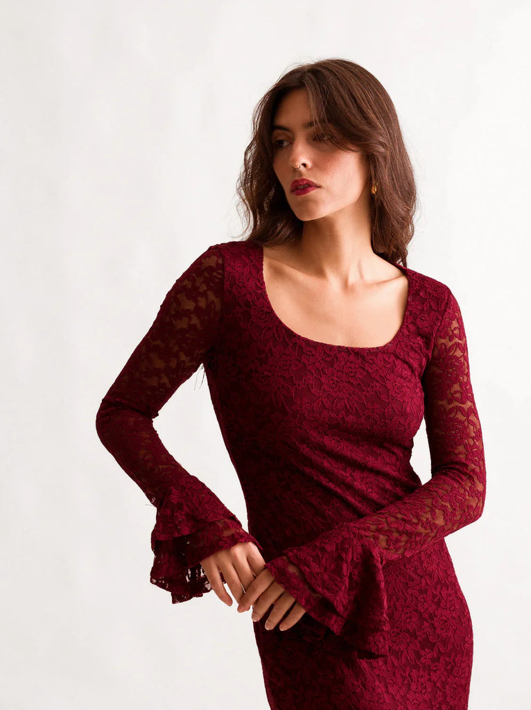 Ramona Dress — Red lace dress, square neck, bell sleeves, on model — MYFASHIONFRUIT
