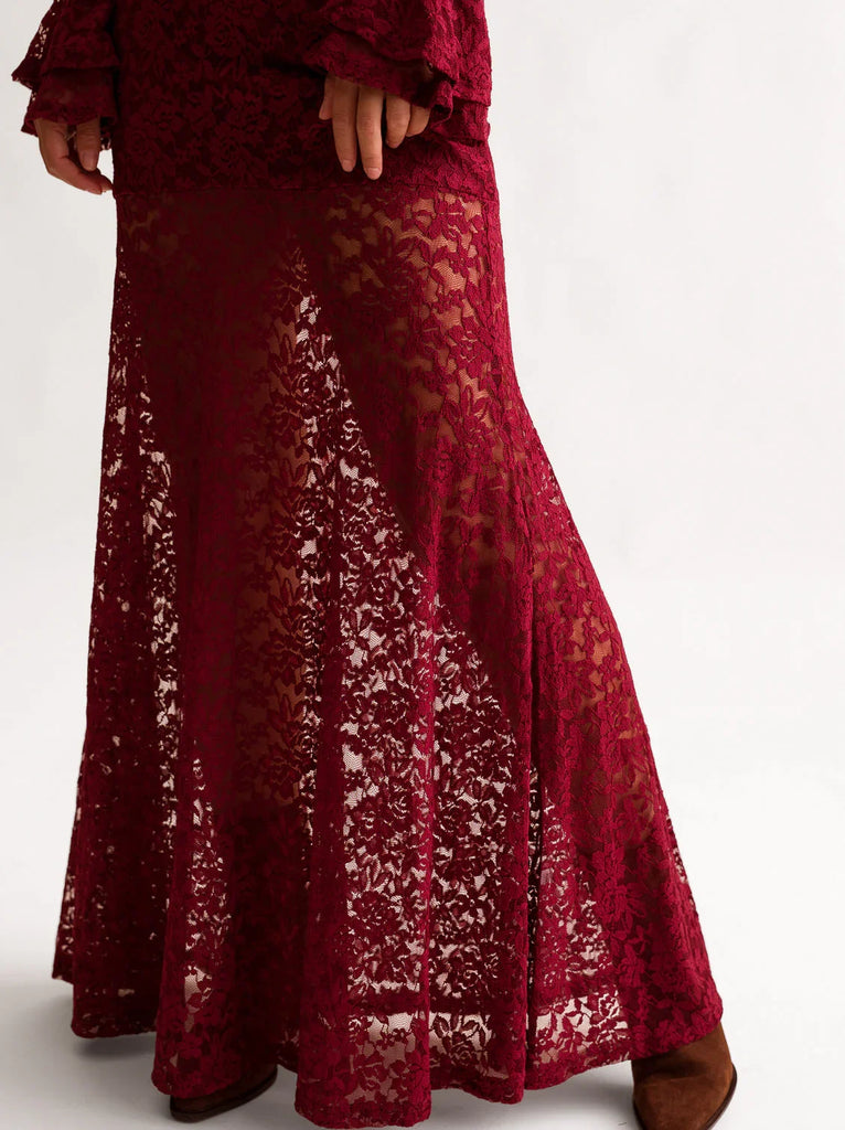 Ramona Dress — Red lace dress on model, detail — MYFASHIONFRUIT