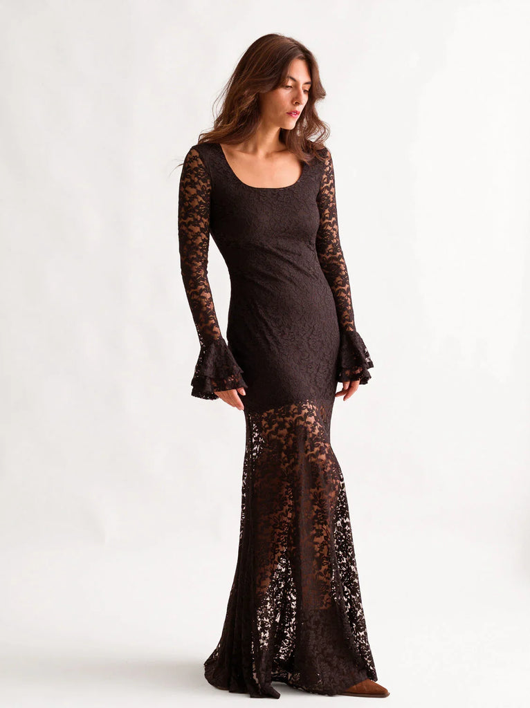 Ramona Dress — Brown lace dress on model — MYFASHIONFRUIT