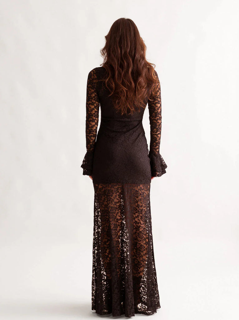 Ramona Dress — Black lace dress on model, back view — MYFASHIONFRUIT
