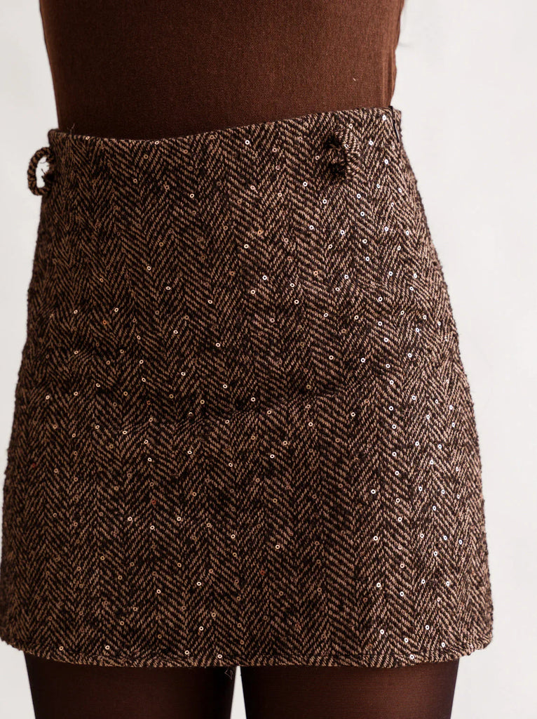 Marta Skirt — Brown tweed mini on model — MYFASHIONFRUIT