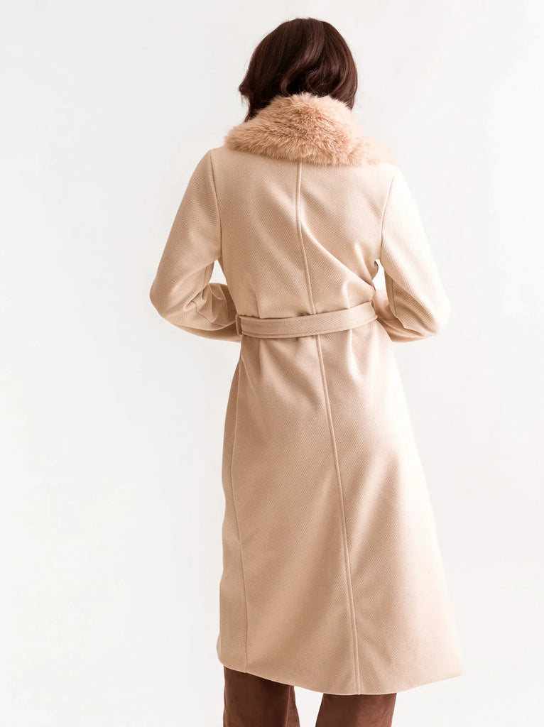 Jocasta Coat — Cream belted coat, faux fur collar on model — MYFASHIONFRUIT