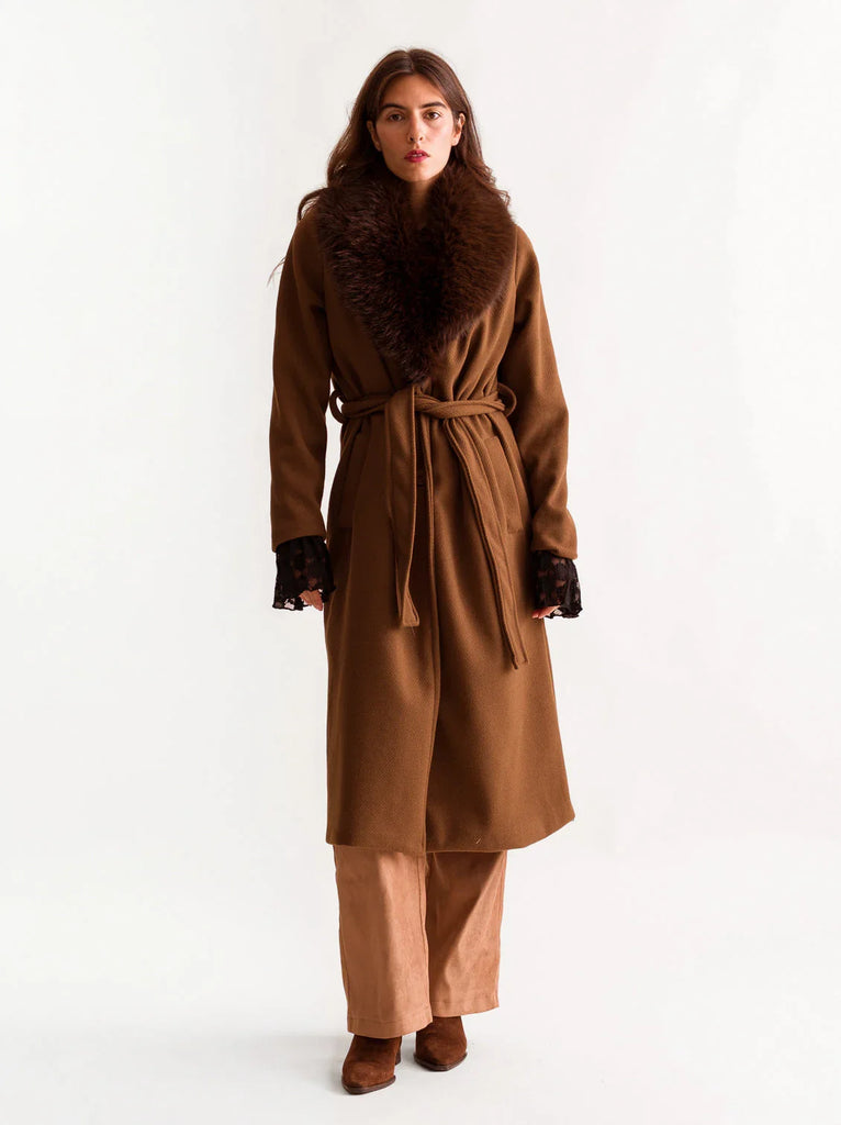 Jocasta Coat — Brown coat with fur collar on model — MYFASHIONFRUIT