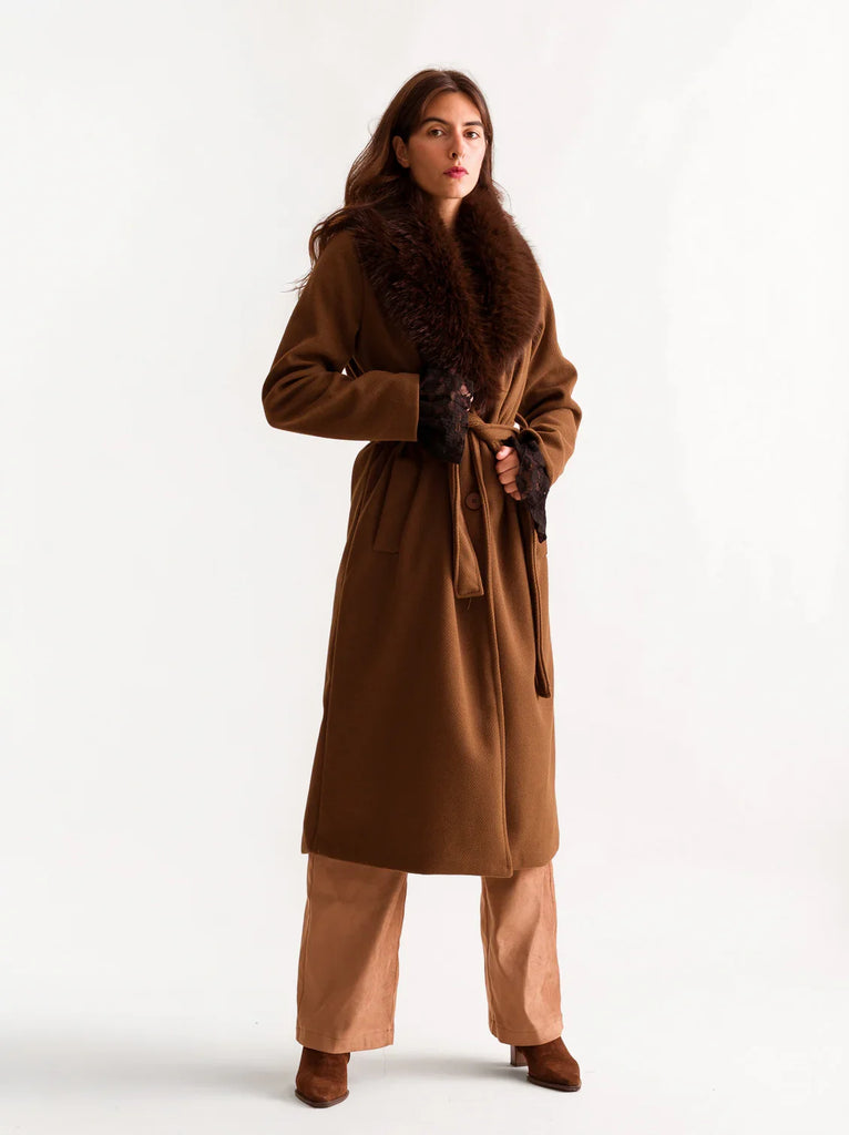 Jocasta Coat — Brown coat with fur collar on model — MYFASHIONFRUIT