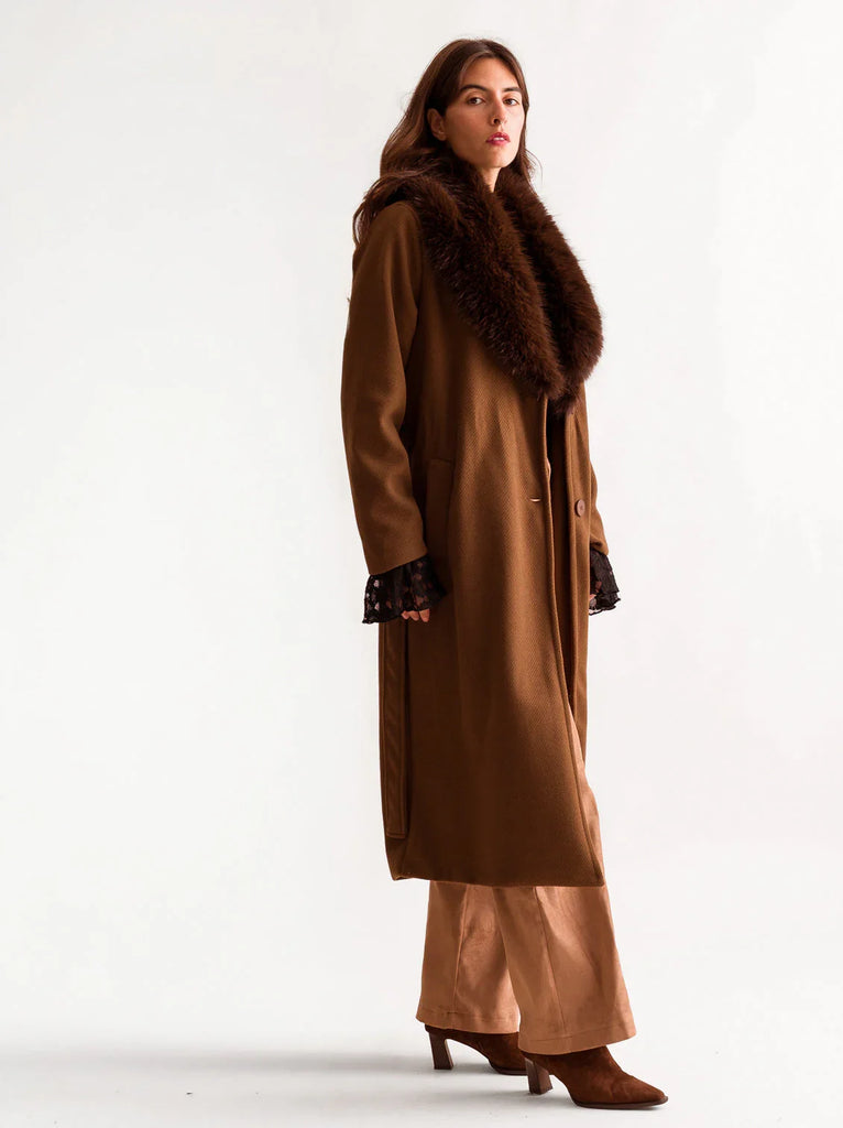 Jocasta Coat — Brown coat with fur collar on model — MYFASHIONFRUIT
