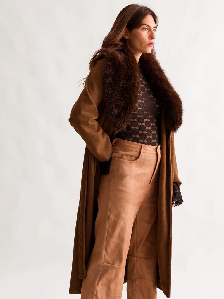 Jocasta Coat — Brown faux fur coat on model — MYFASHIONFRUIT