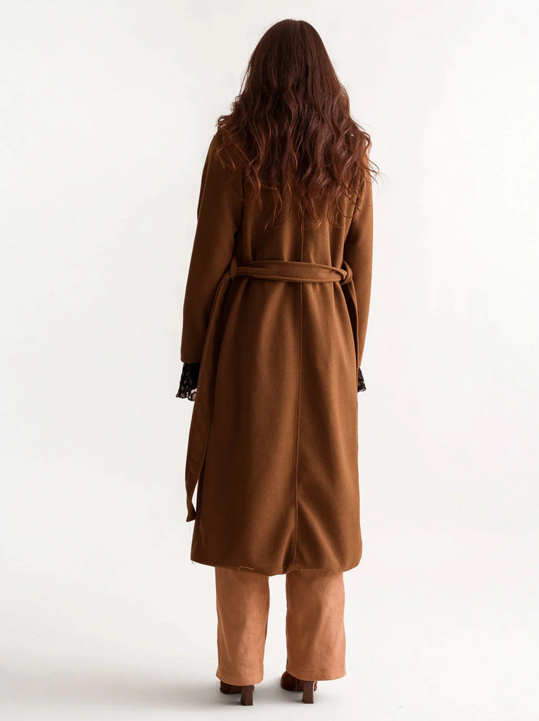 Jocasta Coat — Brown belted coat on model, back view — MYFASHIONFRUIT