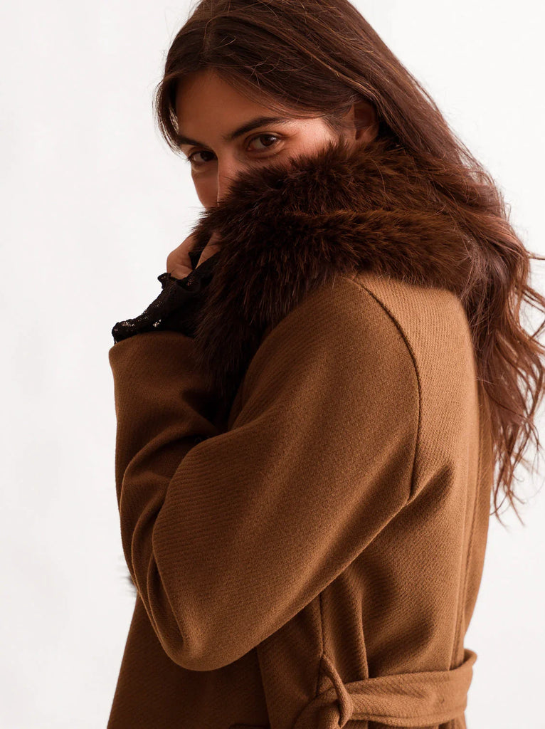 Jocasta Coat — Brown wool coat with dark fur collar on model — MYFASHIONFRUIT