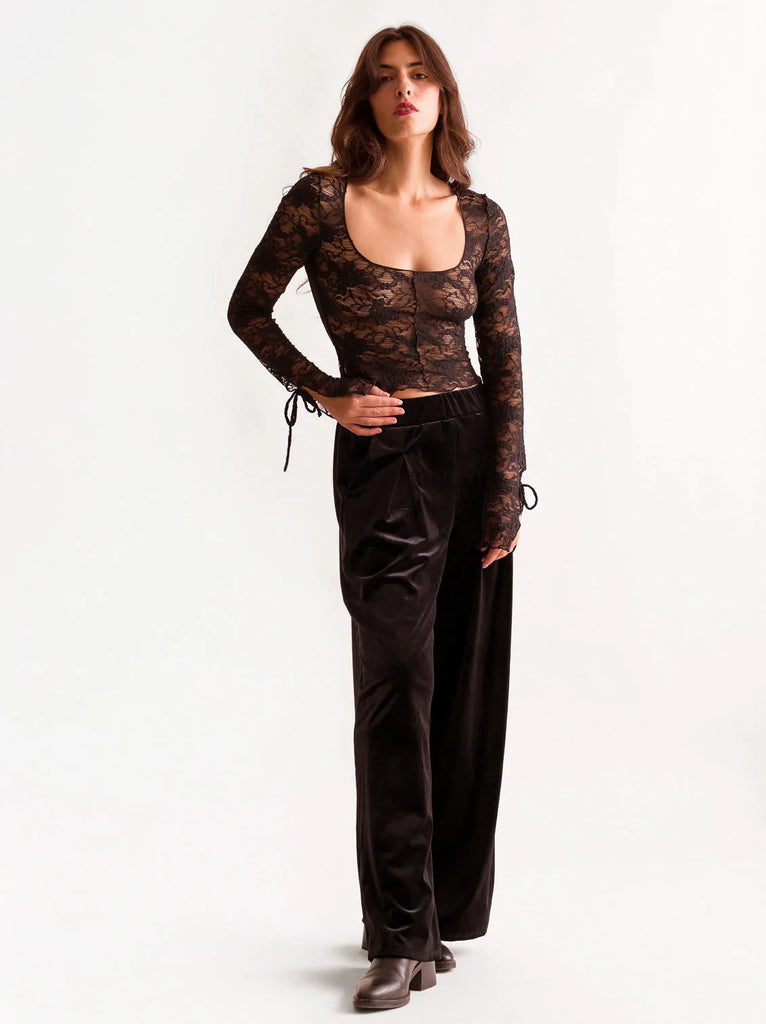 Morena Pants — Black velvet pants on model — MYFASHIONFRUIT