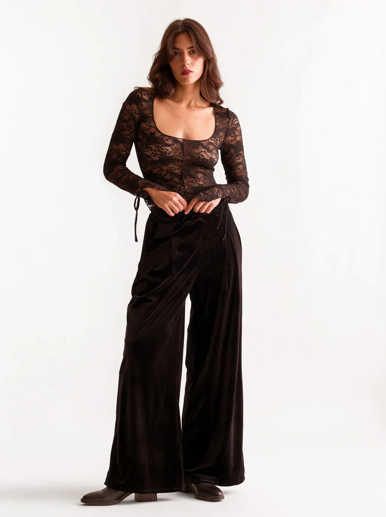 Morena Pants — Black velvet wide leg, on model — MYFASHIONFRUIT