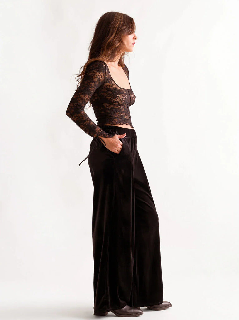 Morena Pants — Black velvet wide leg pants on model — MYFASHIONFRUIT