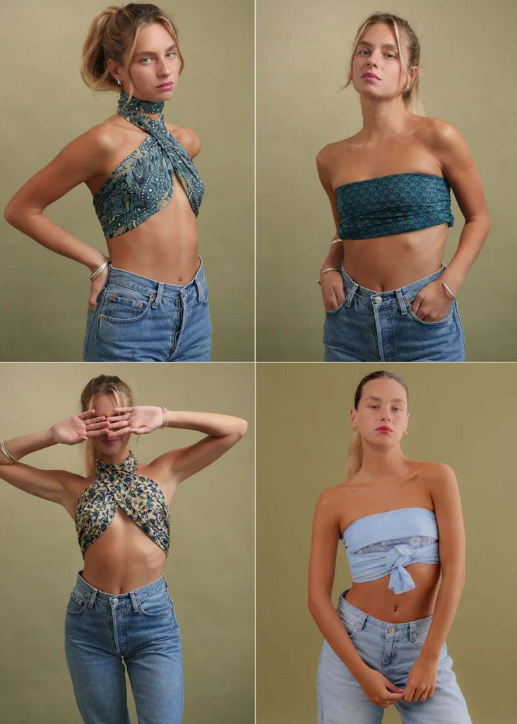 Bijal Silk Scarf Blues — Scarves in various styles on model — MYFASHIONFRUIT