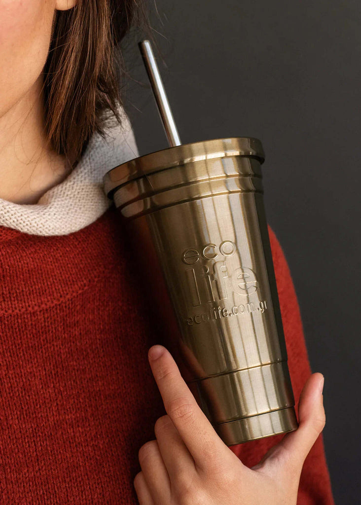 Ecolife Thermos Cup — metal cup with straw, on model — MYFASHIONFRUIT