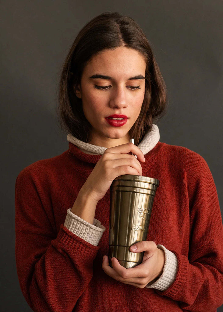Ecolife Thermos Cup — Model drinking from gold cup — MYFASHIONFRUIT