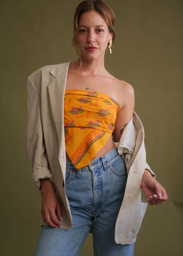 Silk Scarf — scarf top, beige blazer on model — MYFASHIONFRUIT