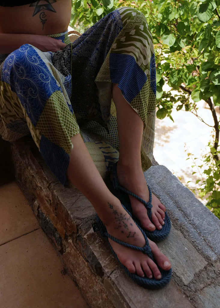 Flop Denim Sandals — Denim sandals on model with patterned pants — MYFASHIONFRUIT