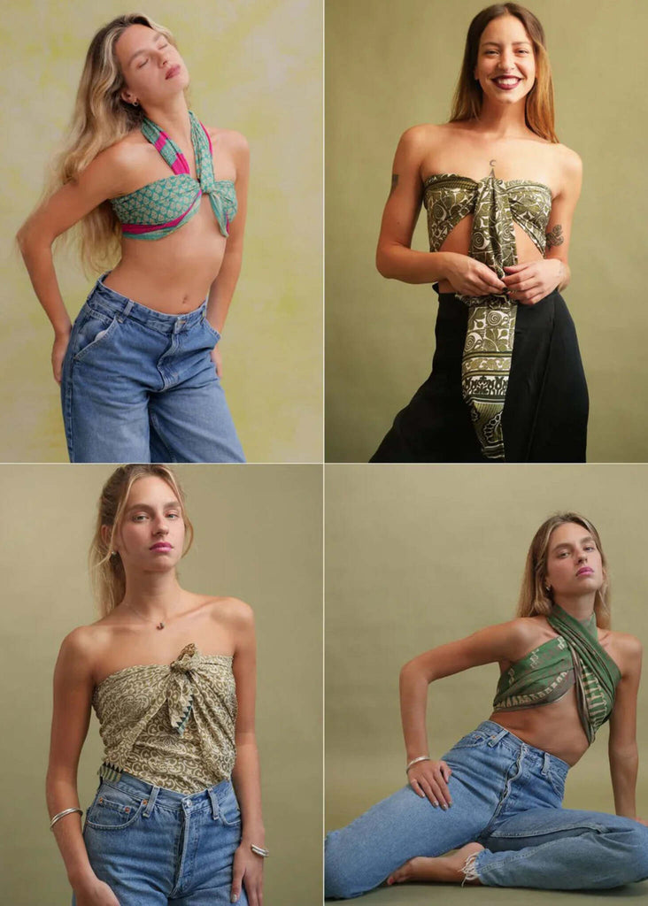 Bijal Silk Scarf - Greens — patterned silk scarf on model — MYFASHIONFRUIT