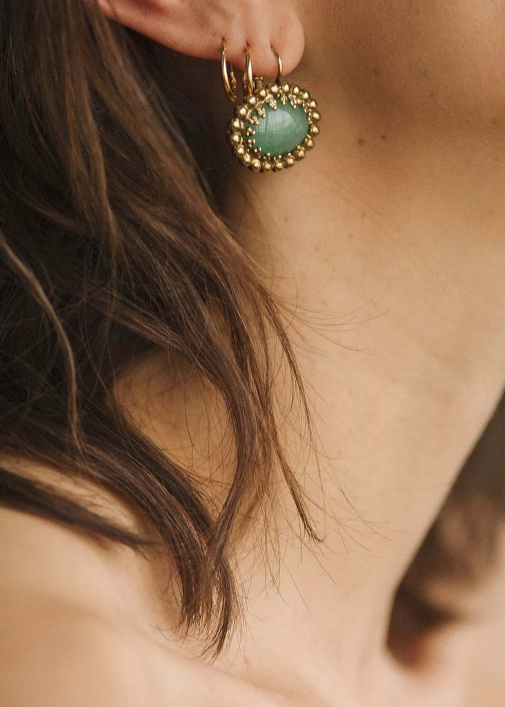 Calista Earrings — detail, green stone earring on model — MYFASHIONFRUIT