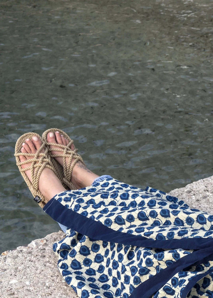 JC Camel Sandals — rope sandals on model with blue skirt — MYFASHIONFRUIT