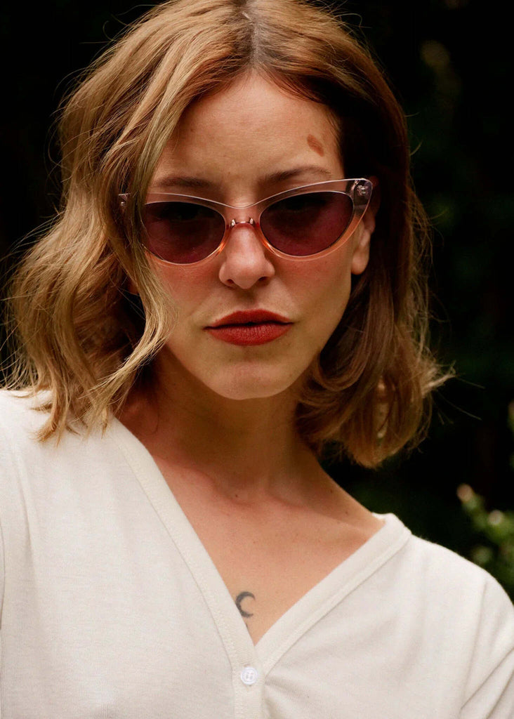 Komono ROSIE Blush Sunglasses — pink frame on model — MYFASHIONFRUIT