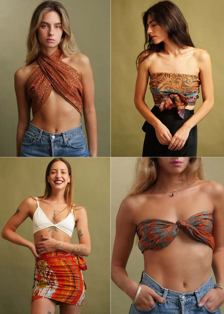 Bijal Silk Scarf - Oranges — patterned scarf styled as tops and skirt on models — MYFASHIONFRUIT