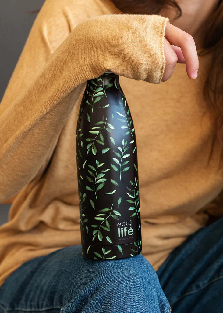 Ecolife Elaia Thermos — Black floral bottle on model — MYFASHIONFRUIT