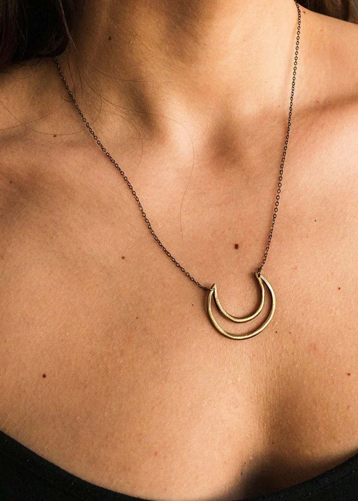 Crescent Necklace — Gold pendant on model, detail — MYFASHIONFRUIT