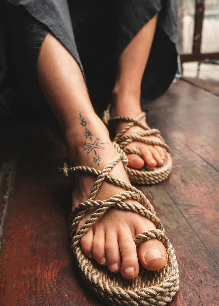 Toe Joe Camel Disco Sandals — Detail, rope sandal on model — MYFASHIONFRUIT