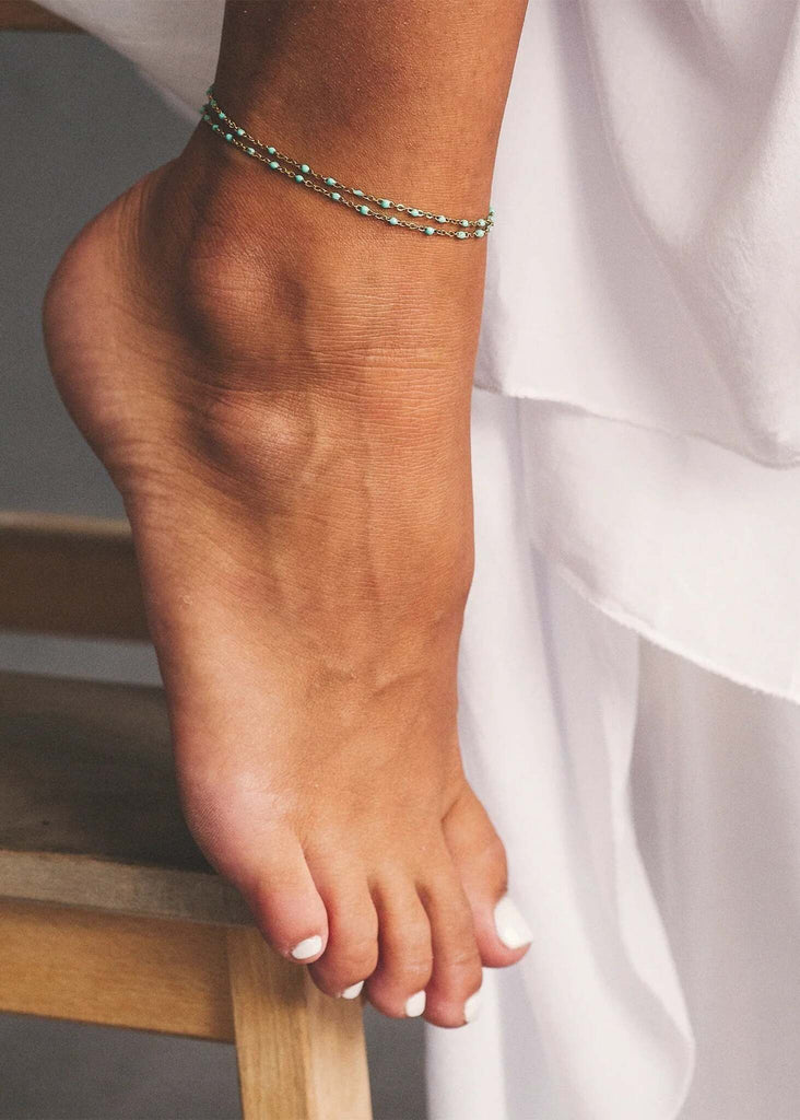 Dakota Necklace — gold beaded anklet on model — MYFASHIONFRUIT
