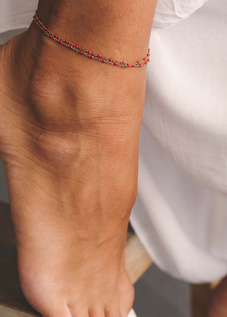 Dakota Necklace — Red & gold beaded anklet on ankle — MYFASHIONFRUIT