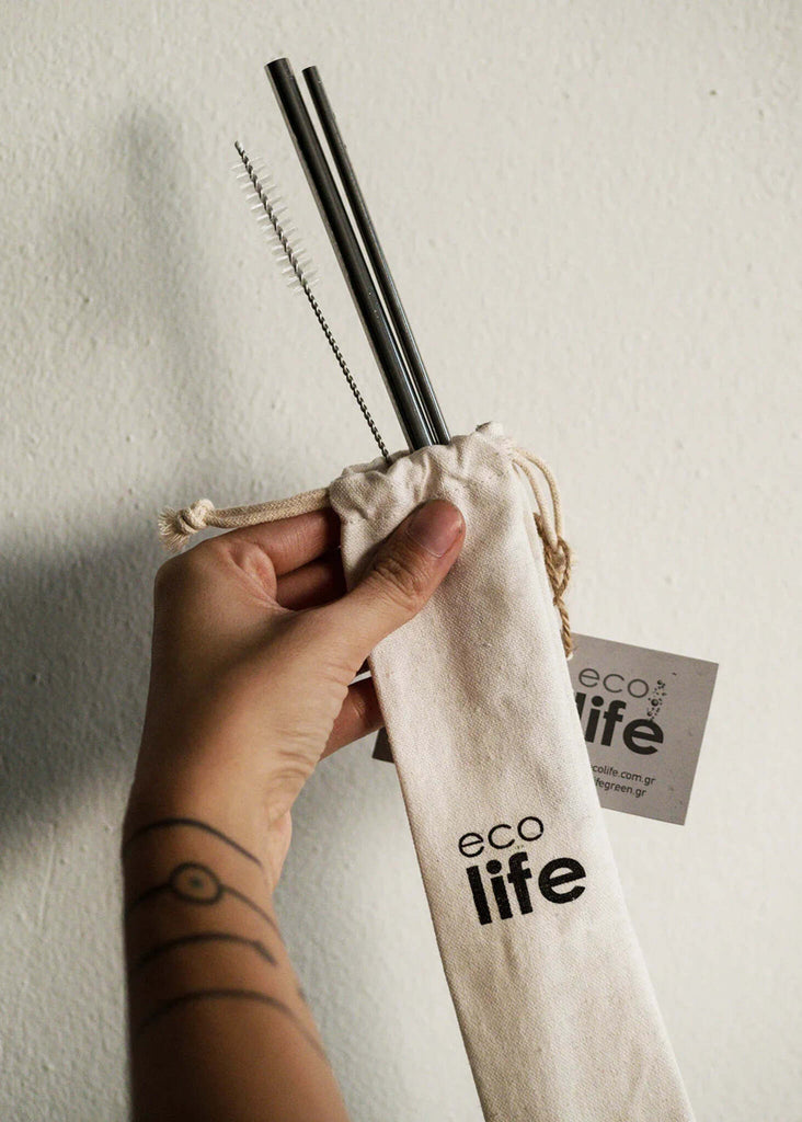 Ecolife Stainless Steel Straws Set — straws in eco bag, detail — MYFASHIONFRUIT
