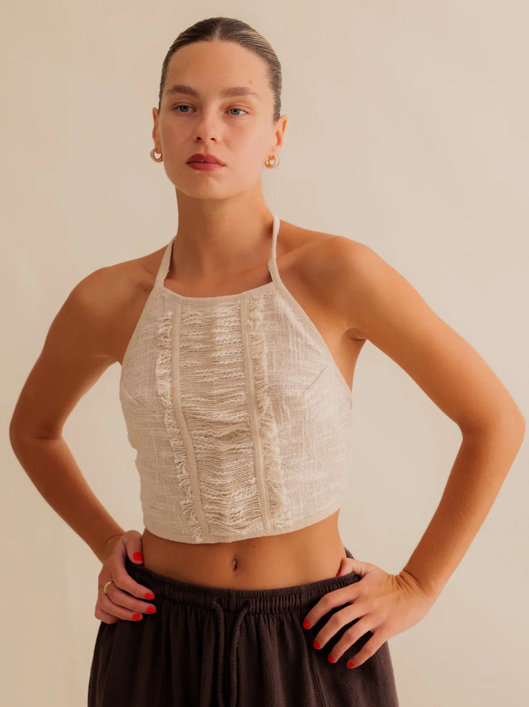 Aura Top — Beige halter top on model — MYFASHIONFRUIT