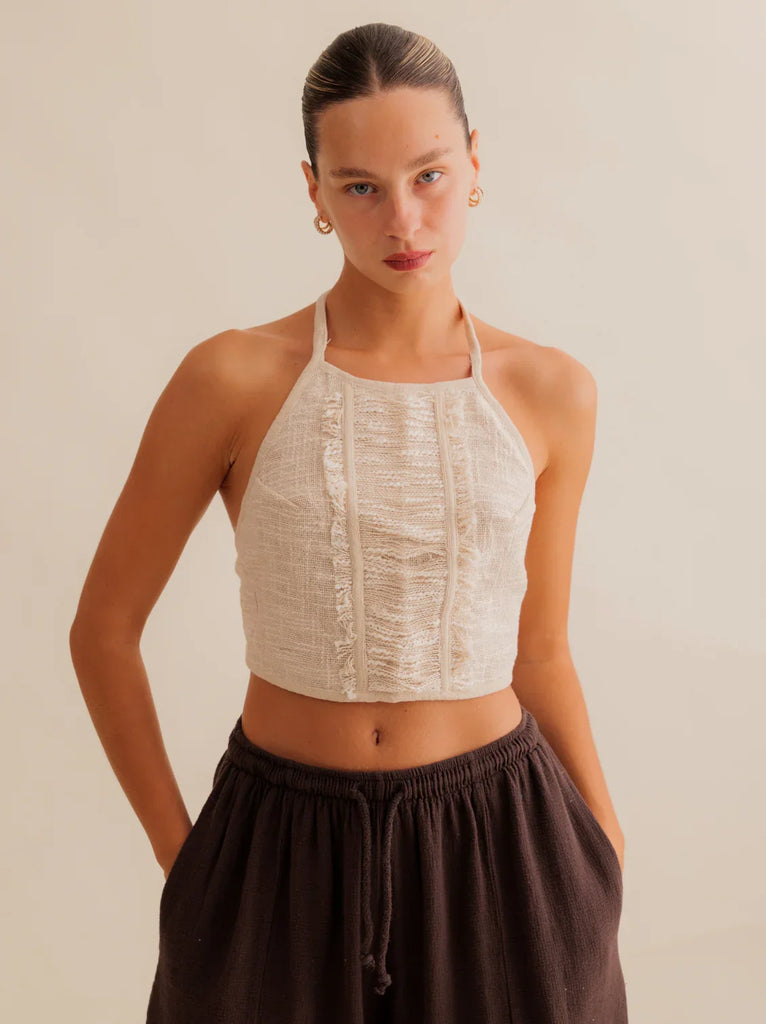 Aura Top — Beige halter top on model — MYFASHIONFRUIT