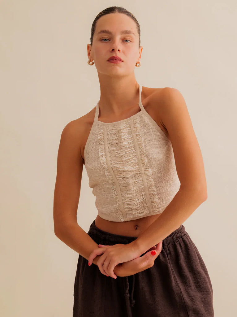 Aura Top — Beige halter top on model — MYFASHIONFRUIT