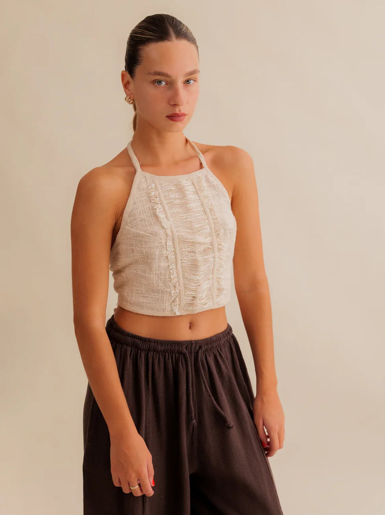 Aura Top — Beige halter top on model — MYFASHIONFRUIT