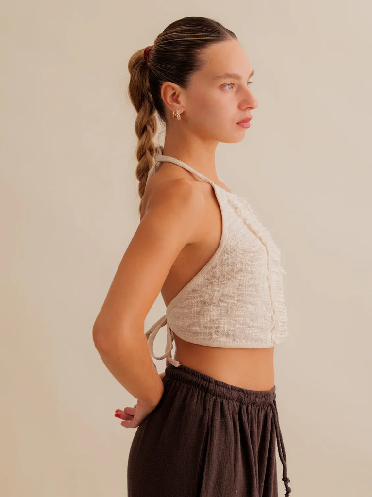 Aura Top — Beige halter top on model — MYFASHIONFRUIT
